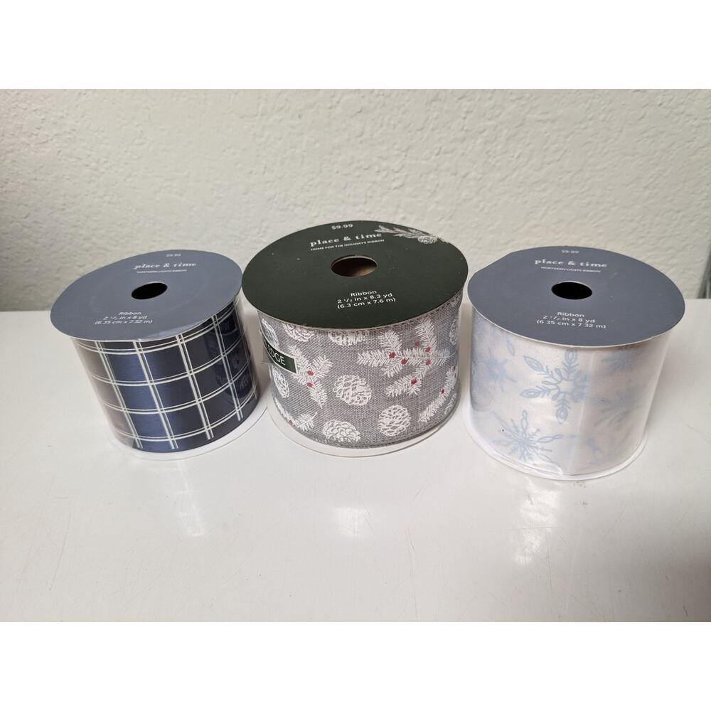 Place & Time Christmas holiday winter fabric ribbon set of 3 new spools